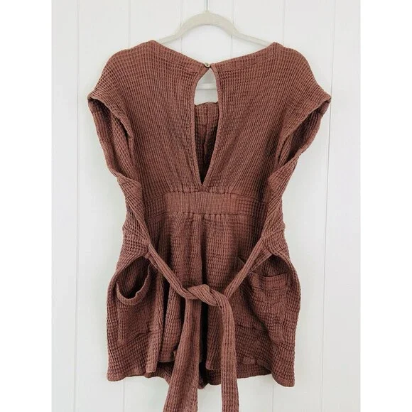 Free People Pull Me In Brown Textured Waffle Knit Soft Cozy Romper Minimalist S - Picture 7 of 10